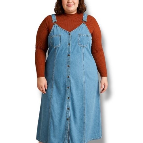 Vintage 90s Casual Corner Chambray Denim Maxi Overall Dress Button Front 16 - Picture 1 of 12
